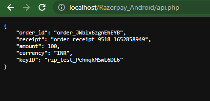 output from api for Razorpay Integration