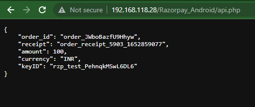 Output of Razorpay Integration API with IP address URL