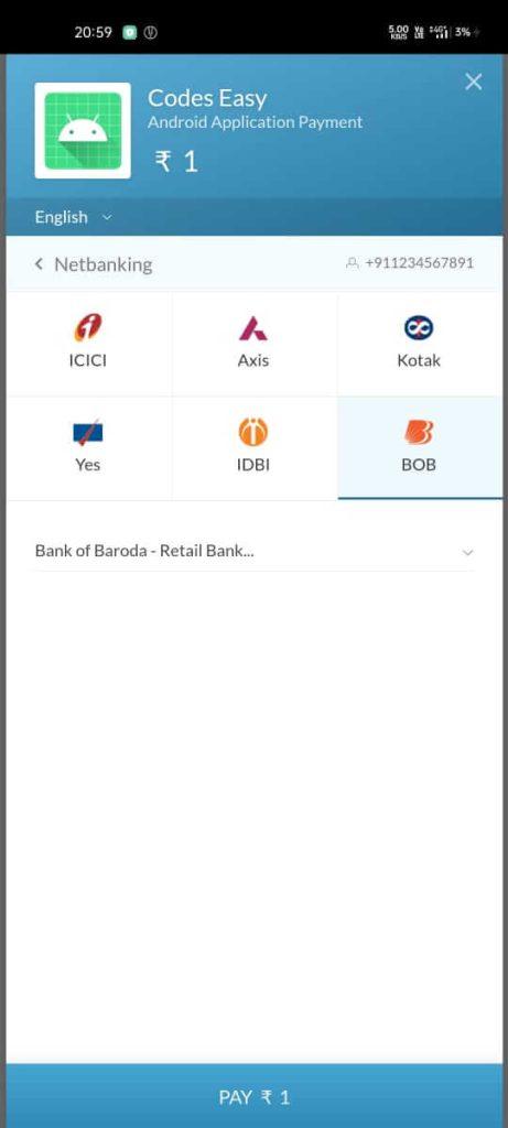 Pay from Bank Razorpay Integration in Android