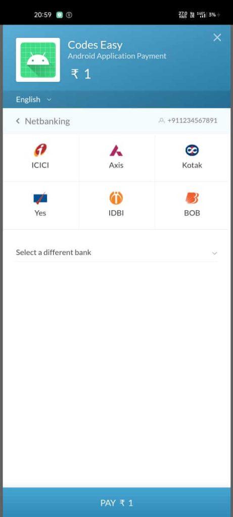Select Bank Account for Razorpay Integration Android